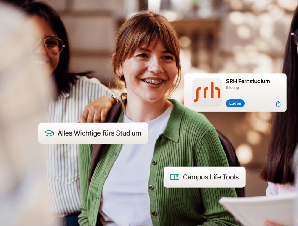 Studierende auf dem Campus nutzen die White-Label-Studo-App, um auf akademische Kernfunktionen und Tools für das Studierendenleben zuzugreifen.