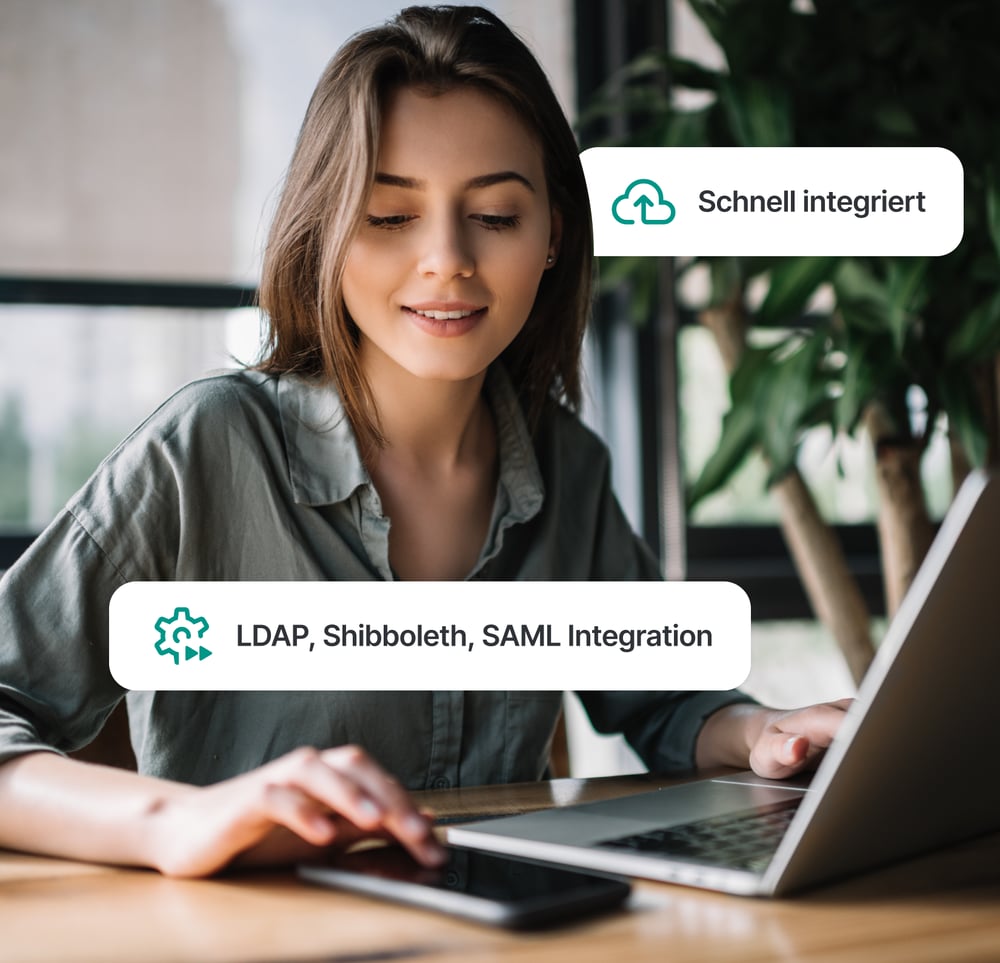 Universitätsmitarbeitende nutzt Studo Lösungen auf Computer und Smartphone, wobei die schnelle Implementierung sowie die LDAP-, Shibboleth- und SAML-Integrationsoptionen hervorgehoben wird