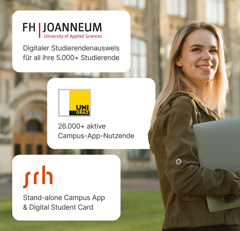 Lächelnde studierende Person steht auf dem Campus neben weißen Boxen mit Logos von Partnerhochschulen und den von ihnen genutzten Studo Lösungen