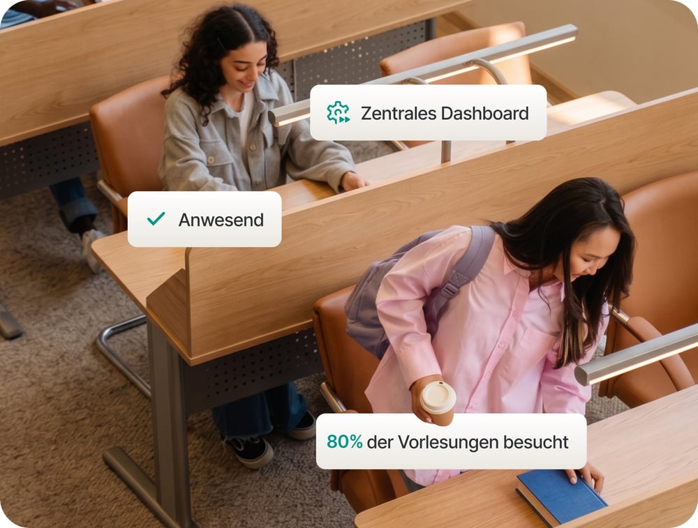 Studierende in einem Hörsaal, die ein digitales System zur Anwesenheitserfassung und -verwaltung nutzen.