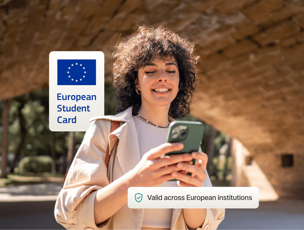 Student using a smartphone showing European Student Card that is valid across European institutions