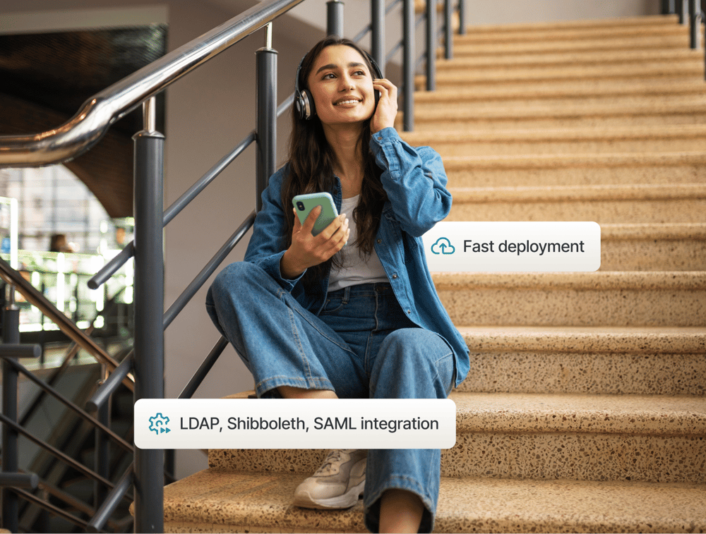 University staff using Studo solutions on a computer and mobile phone highlighting fast deployment and LDAP, Shibboleth, SAML integration options