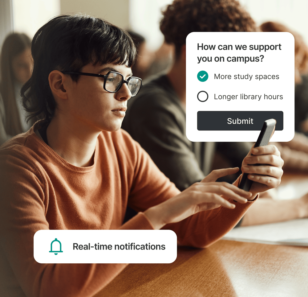 Student using Studo app on smartphone to view real-time notifications and feedback poll