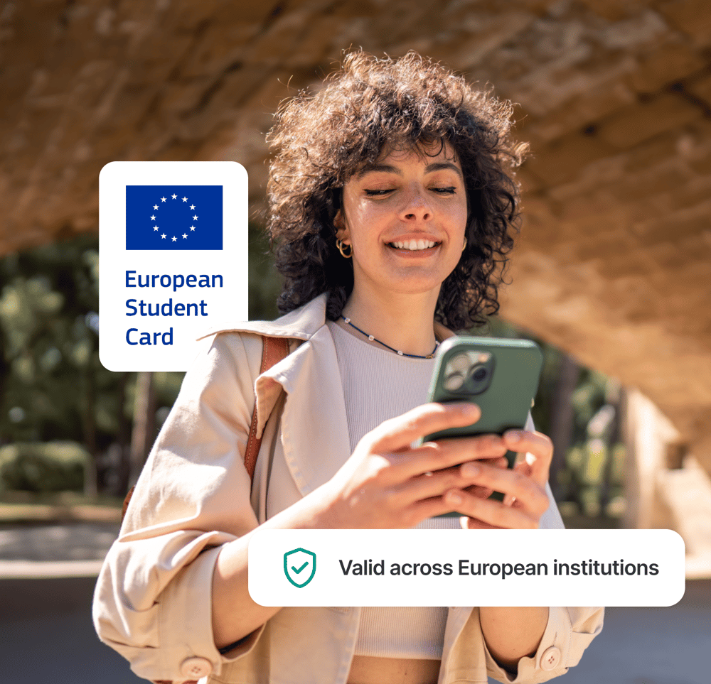 Student using a smartphone showing European Student Card that is valid across European institutions