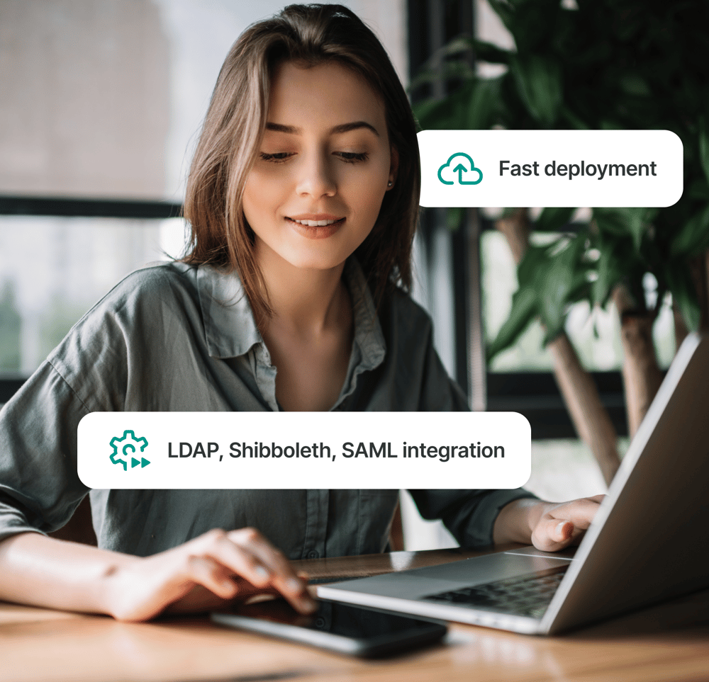 University staff using Studo solutions on a computer and mobile phone highlighting fast deployment and LDAP, Shibboleth, SAML integration options