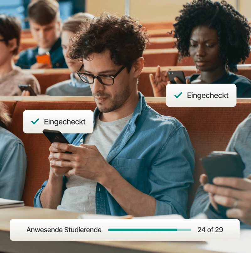 Studierende in einem Hörsaal nutzen die Studo App auf ihren Smartphones, um ihre Anwesenheit über das Feature Digitale Anwesenheitsliste zu bestätigen