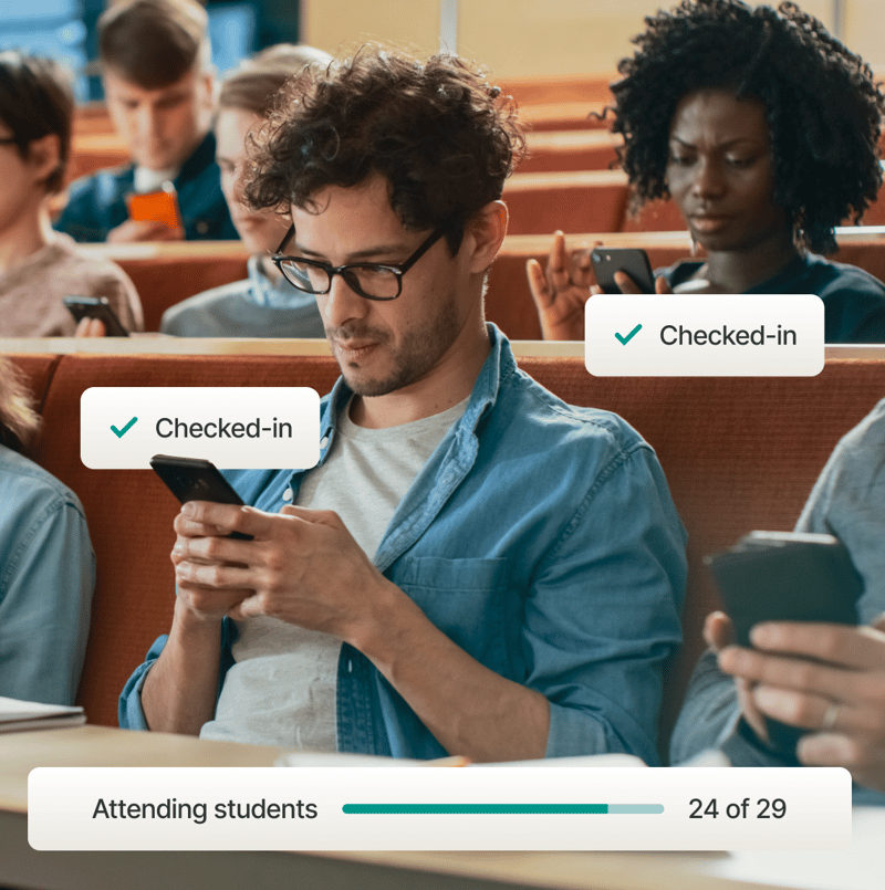 University students in a lecture hall using the Studo app on mobile phones to confirm their attendance via the digital attendance list feature