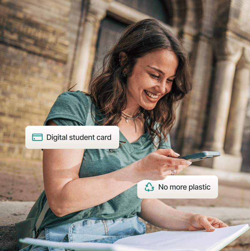 Smiling student on campus featuring digital student card and message promoting no more plastic cards