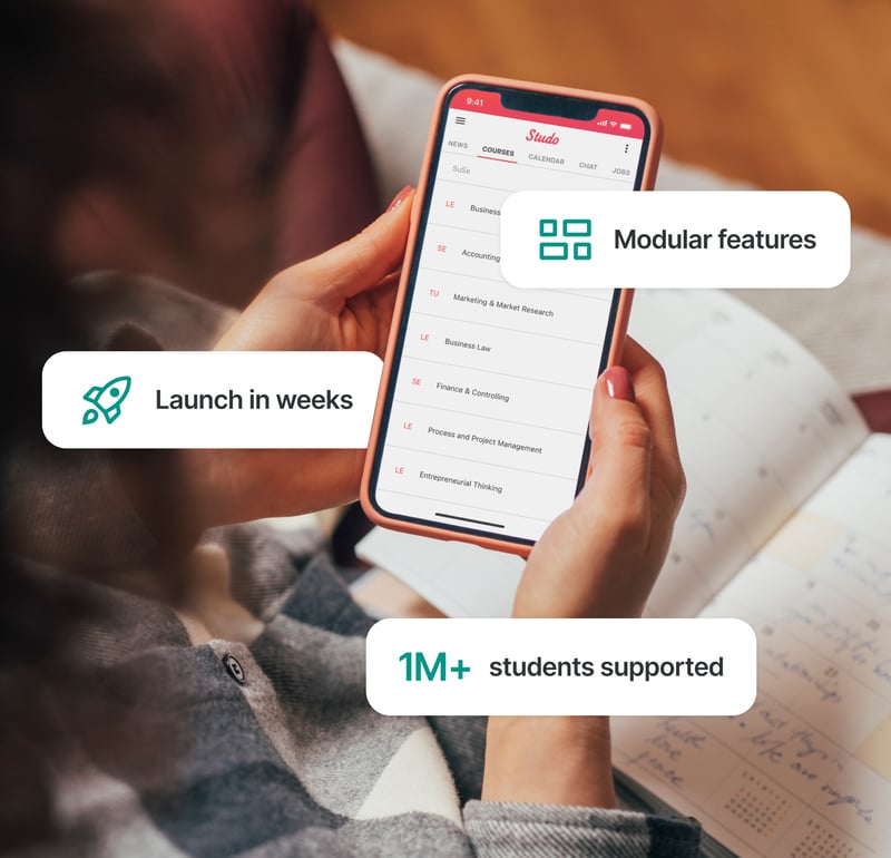 Student using Studo app on smartphone to view course overview and access key features for university students