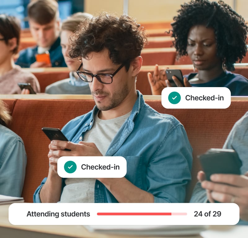 University students in a lecture hall using the Studo app on mobile phones to confirm their attendance via the digital attendance list feature